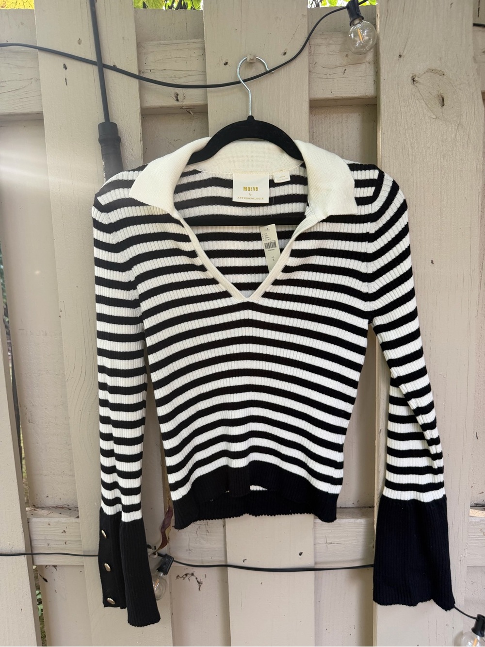 Anthropologie Black & White Striped V-Neck Collared Sweater